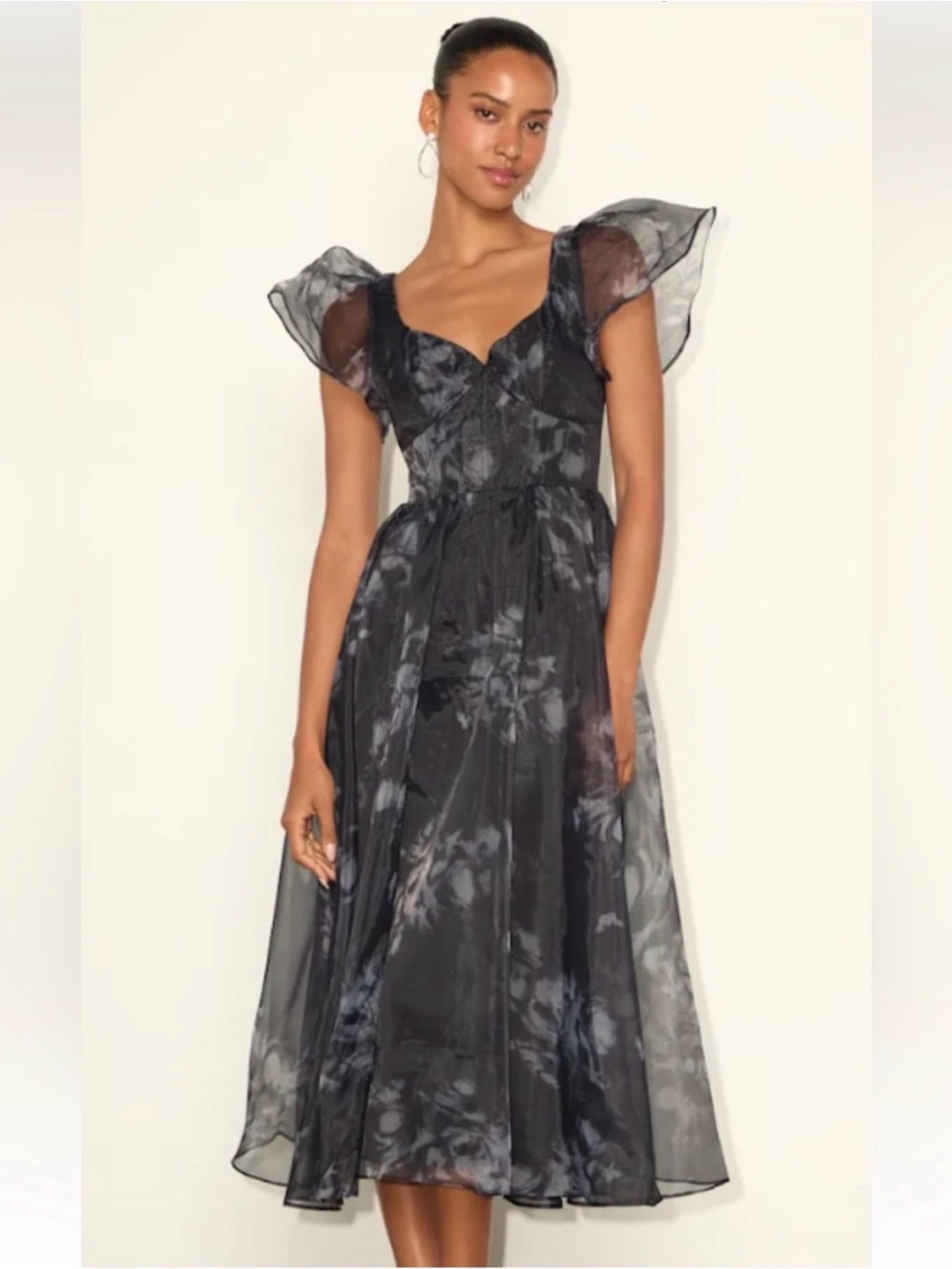 NWT LULUS Mesmerizing Mood Black Floral Organza Ruffled A-Line Midi Dress Sz L